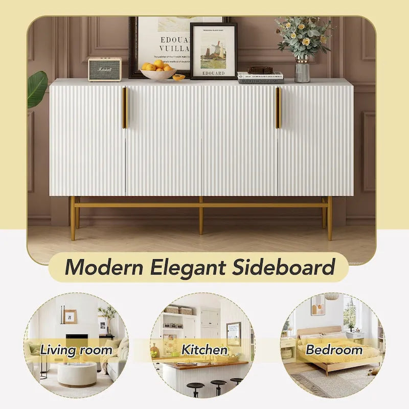Buffet 4 portes avec poignées en métal doré, 60"L x 15.2"W x 30.9"H