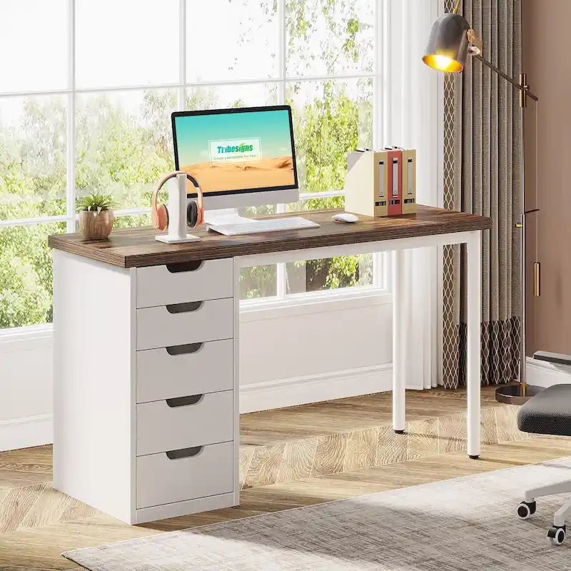 47-Inch Computer Desk with 5 Drawers and Metal Frame