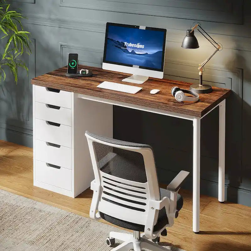 47-Inch Computer Desk with 5 Drawers and Metal Frame