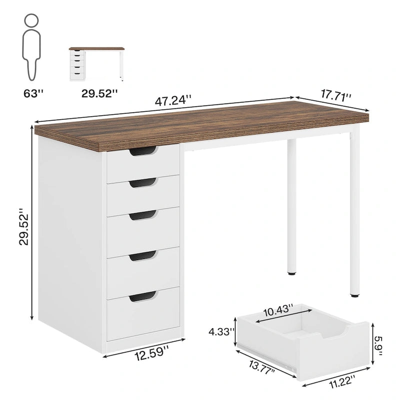 47-Inch Computer Desk with 5 Drawers and Metal Frame