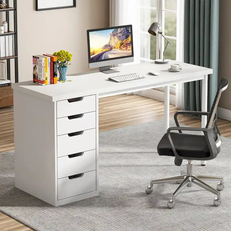 47-Inch Computer Desk with 5 Drawers and Metal Frame