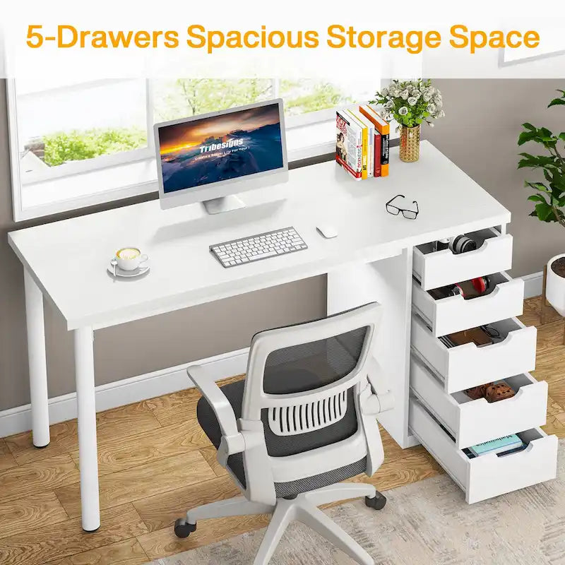 47-Inch Computer Desk with 5 Drawers and Metal Frame