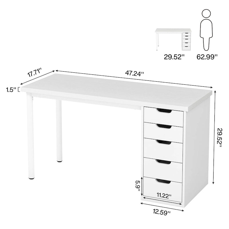 47-Inch Computer Desk with 5 Drawers and Metal Frame
