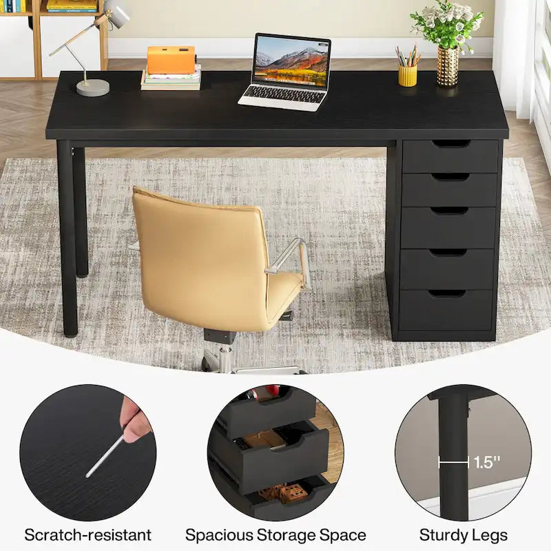 47-Inch Computer Desk with 5 Drawers and Metal Frame
