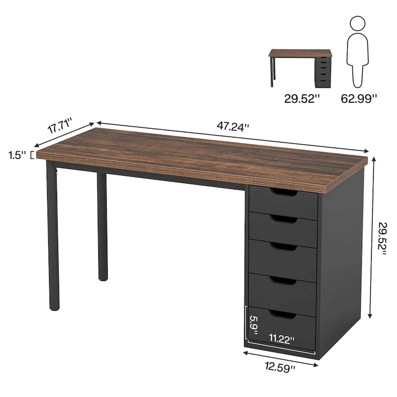 47-Inch Computer Desk with 5 Drawers and Metal Frame