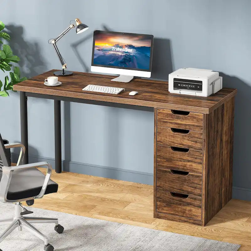 47-Inch Computer Desk with 5 Drawers and Metal Frame
