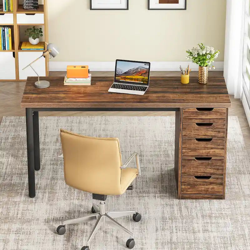 47-Inch Computer Desk with 5 Drawers and Metal Frame