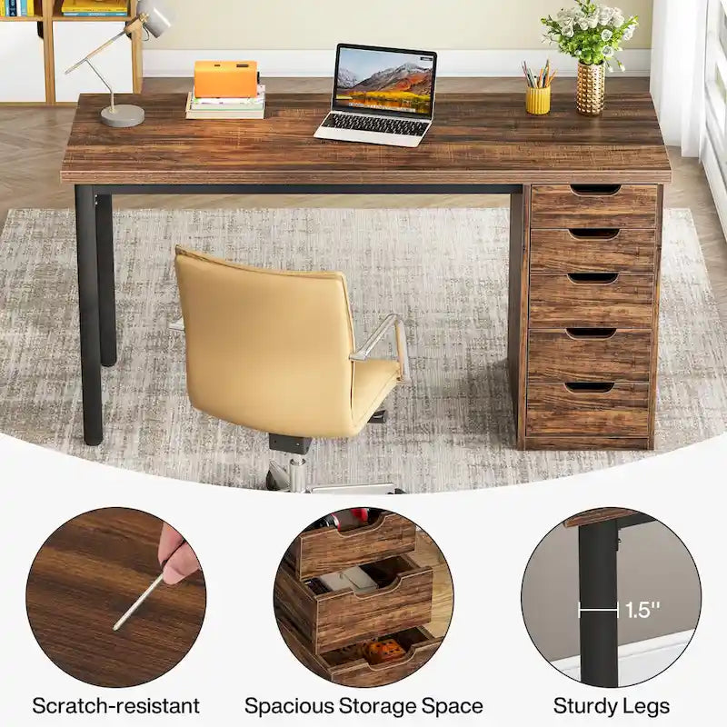47-Inch Computer Desk with 5 Drawers and Metal Frame