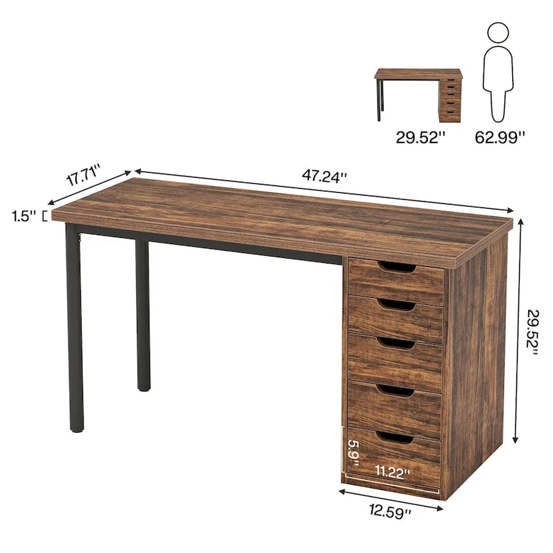 47-Inch Computer Desk with 5 Drawers and Metal Frame