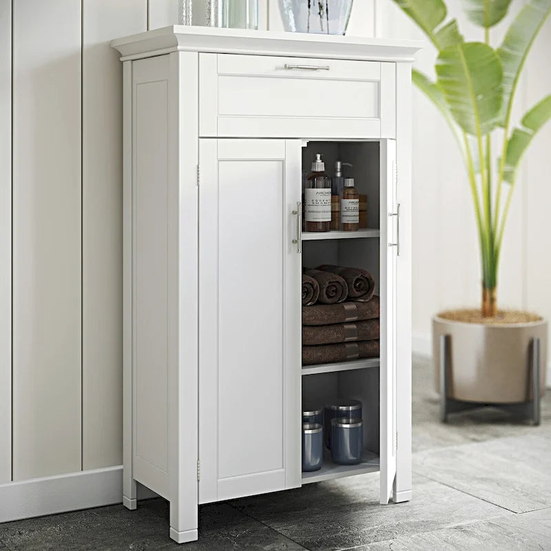 Two-Door Bathroom Storage Cabinet with Drawer and Adjustable Shelves - White