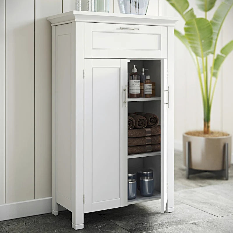 Two-Door Bathroom Storage Cabinet with Drawer and Adjustable Shelves - White