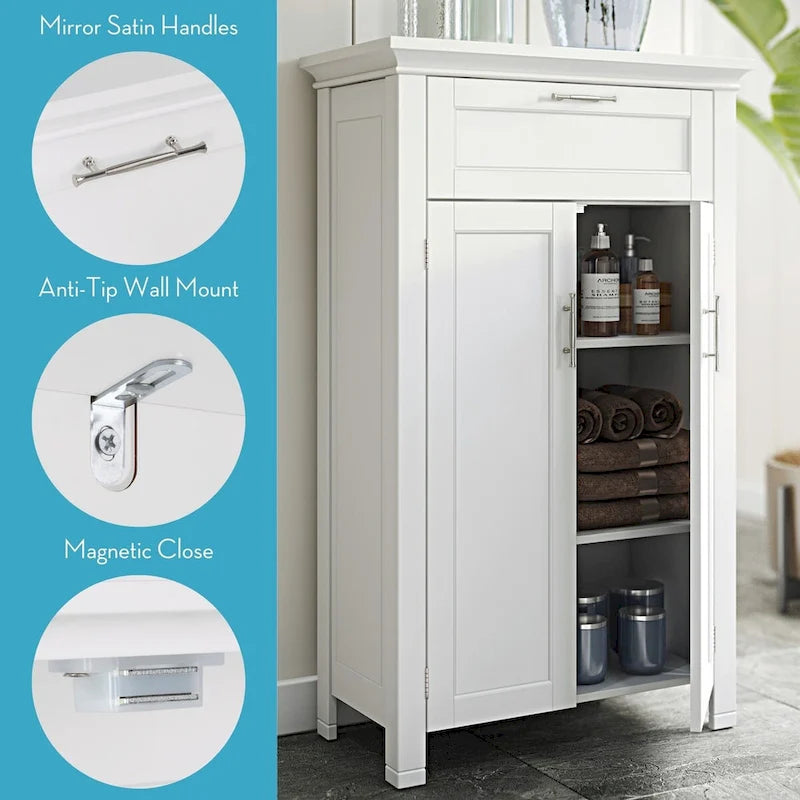 Two-Door Bathroom Storage Cabinet with Drawer and Adjustable Shelves - White