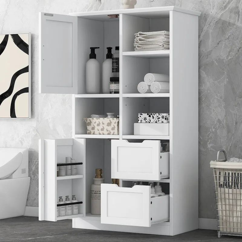Freestanding Bathroom Storage Cabinet with Doors, Drawers and Open Shelves