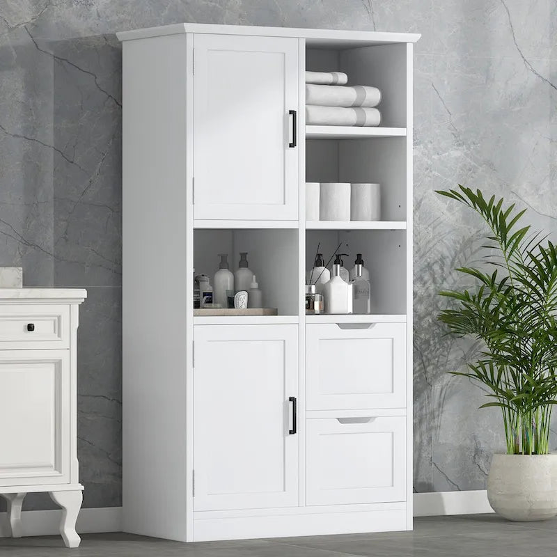 Freestanding Bathroom Storage Cabinet with Doors, Drawers and Open Shelves