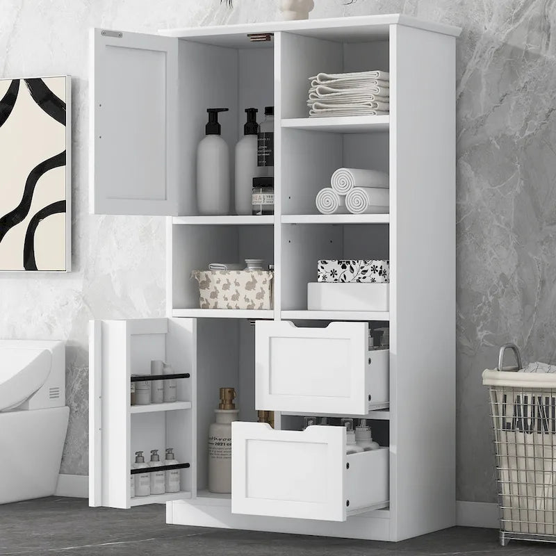 Freestanding Bathroom Storage Cabinet with Doors, Drawers and Open Shelves